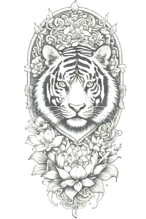Colorful Tiger Surrounded By Lotus Flower Blooming