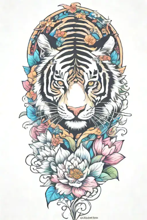 Colorful Tiger Surrounded By Lotus Flower Blooming