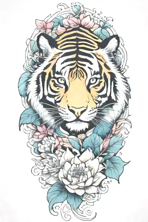 Colorful Tiger Surrounded By Lotus Flower Blooming