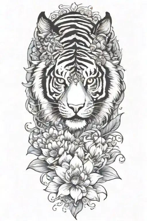 Colorful Tiger Surrounded By Lotus Flower Blooming