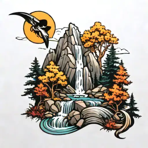 Mountains With Fall Color Trees And Waterfall Flowing