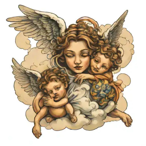 Angel With Two Children In Clouds Surrounding
