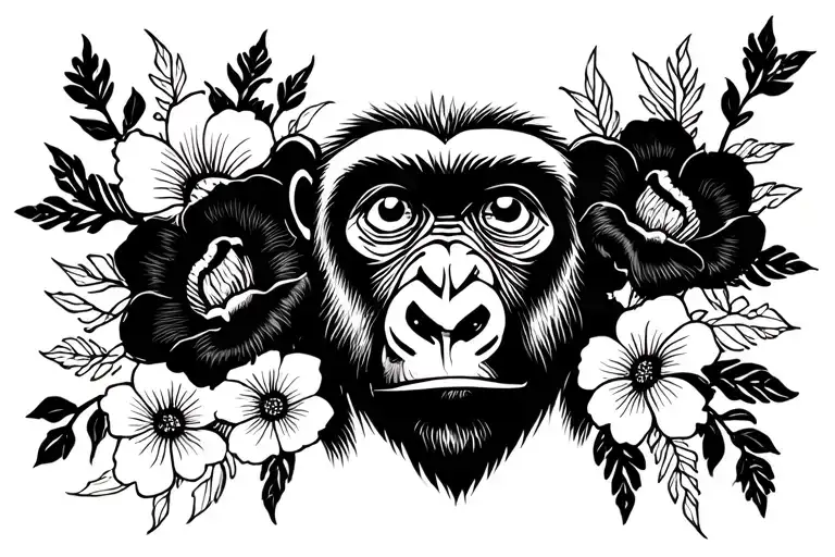 Three Eyed Gorilla With Black Flowers Around It With Bold White Lines