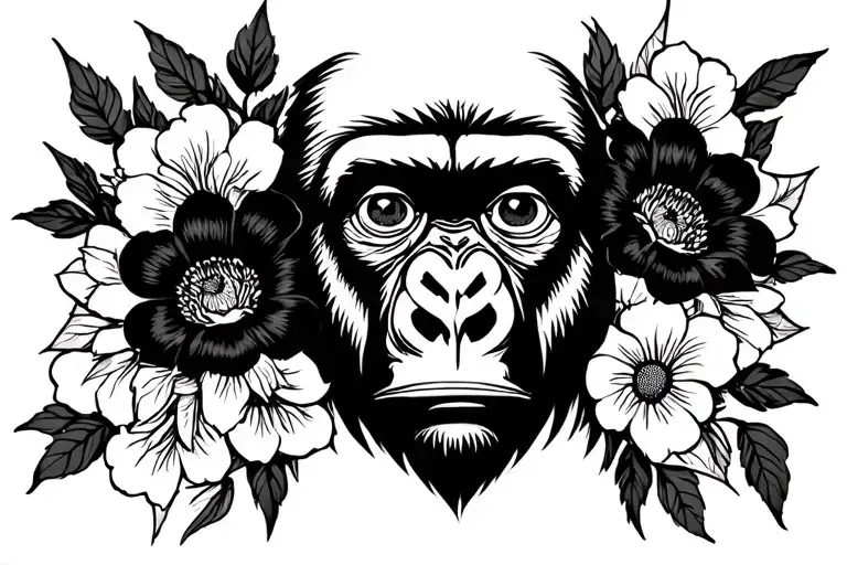 Three Eyed Gorilla With Black Flowers Around It With Bold White Lines