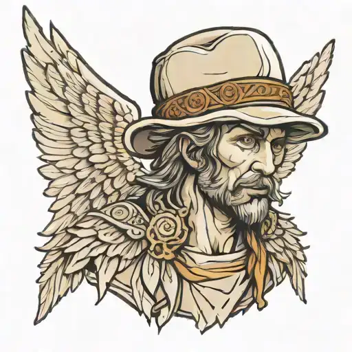 Sad Male Angel With Wings And A Peasant Straw Hat On His Head