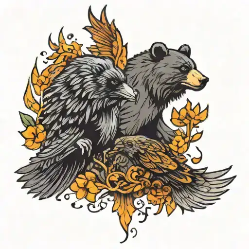 Bear And Raven With Outstretched Wings