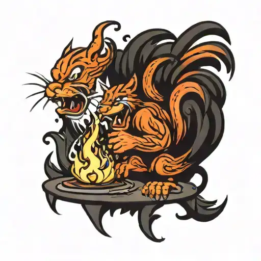 Cartoon South Carolina Gamecock Roasting A Clemson Tiger Over A Fire