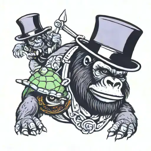 Gorilla Wearing A Top Hat Holding A Shovel And A Turtle Sitting On The Top Hat