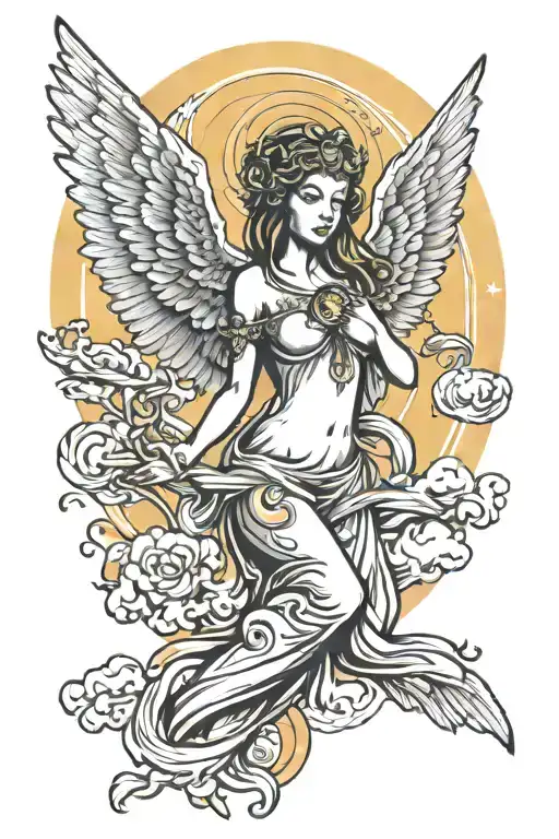 Angel With Wings And Sun And Moon Under Its Wings