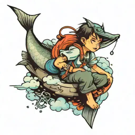 Kid Catching Fish Sitting On A Cloud