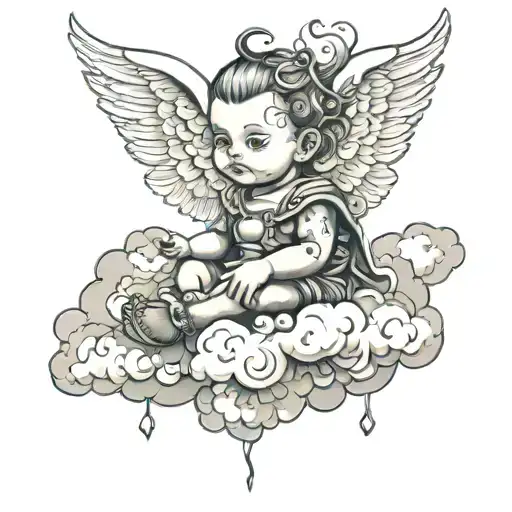 Baby With Wings Sitting On A Cloud