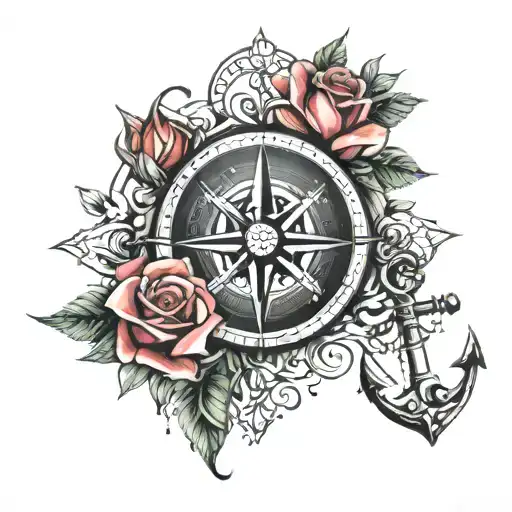 Compass And Anchor Combined With Roses