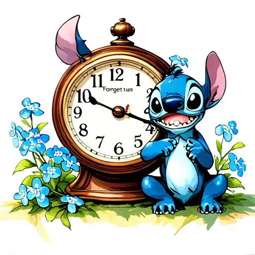 Stitch Sad Sitting On A Clock With Forget Me Nots