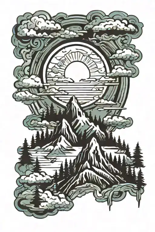 Mountain And Forest With Clouds And Sun