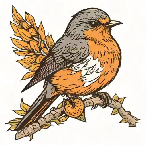 One Robin Sitting On An Orange Branch And One Robin Flying