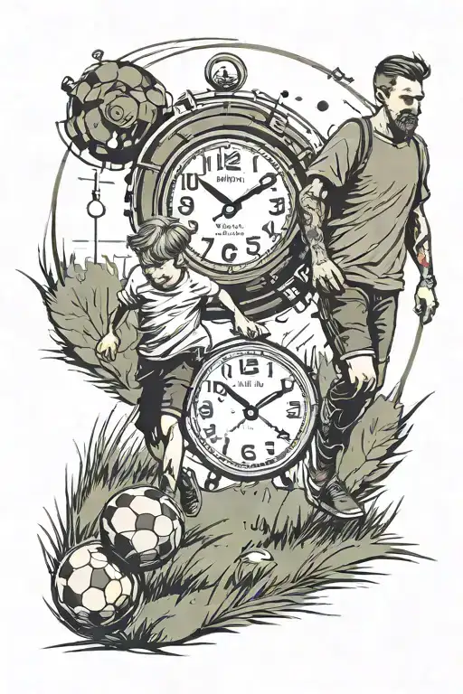 A Dad And Son Walking Onto A Soccer Field With A Soccer Ball And Clock Above