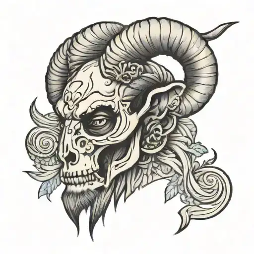 Ram Tattoo Black And Grey Half Of The Face Is Skull