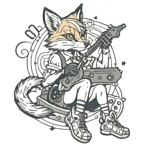 A Neotraditional Tattoo Of A Fox And Girl Rocking Out On Stage With Gaming Controllers In Hand