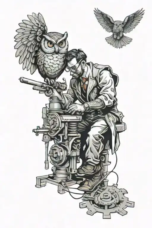 A Neotraditional Tattoo Of An Engineer Working On A Mechanical Owl