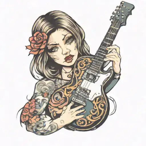 Young Girl Face Inside Electric Guitar