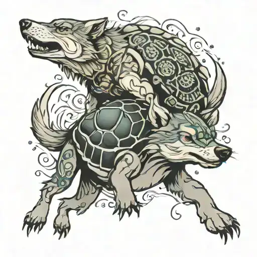 Wolf And Turtle Swimming