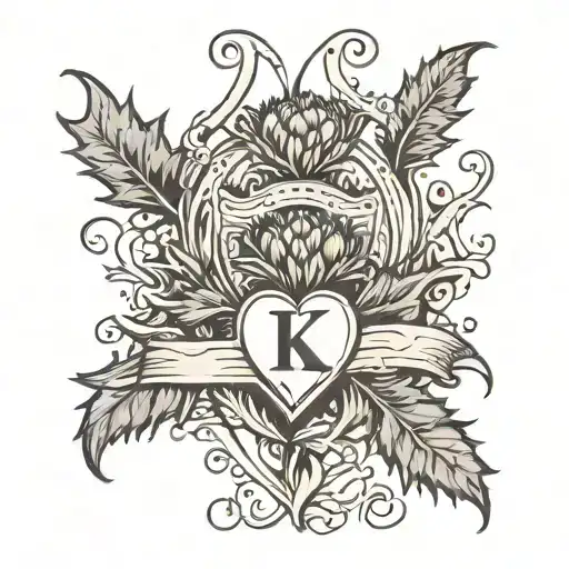 Thistle Border Line Drawing With Star And Heart And Initial K