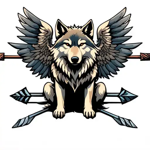 Wolf With Arrows And Wings Sitting