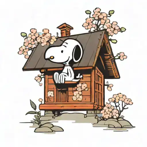 Snoopy On A Japanese House With Cherry Blossoms