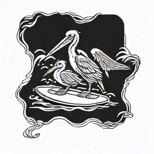 Pelican With Baby Pelican Holding A Surfboard