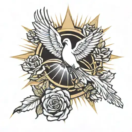 Cross Rose Sun Ray Doves Flying