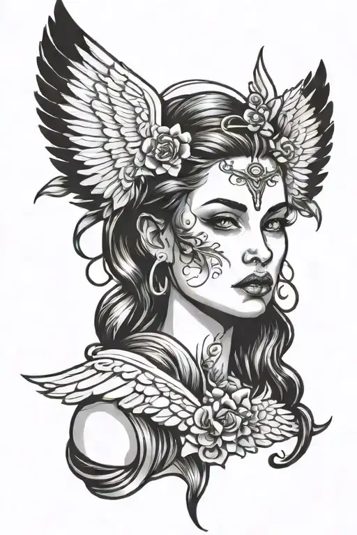 Woman Face With Angel Wings