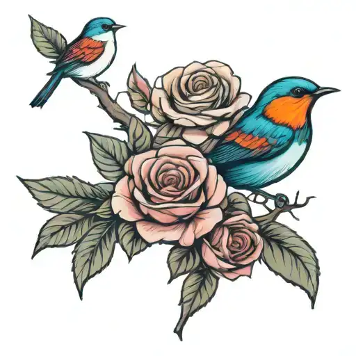 Line Artistic Rose And Wren Bird