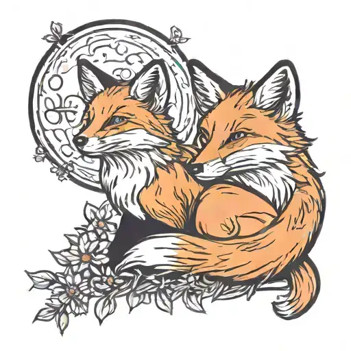 Fox Sitting Near Moon With Daisies