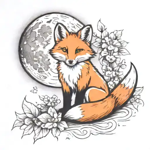 Fox Sitting Near Moon With Daisies