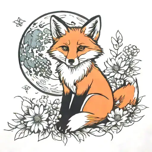 Fox Sitting Near Moon With Daisies