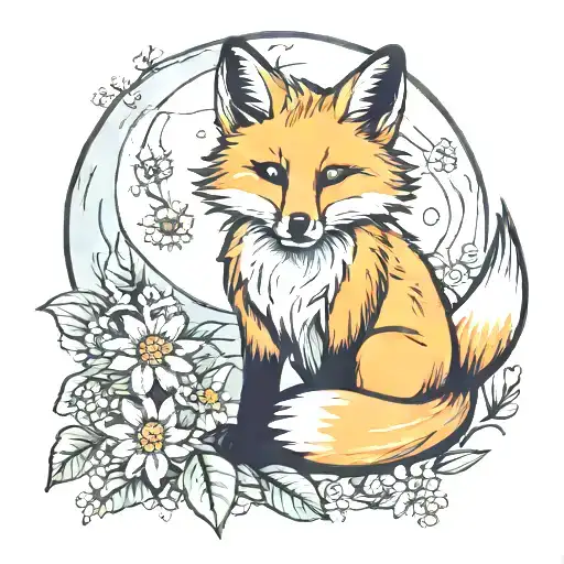 Fox Sitting Near Moon With Daisies
