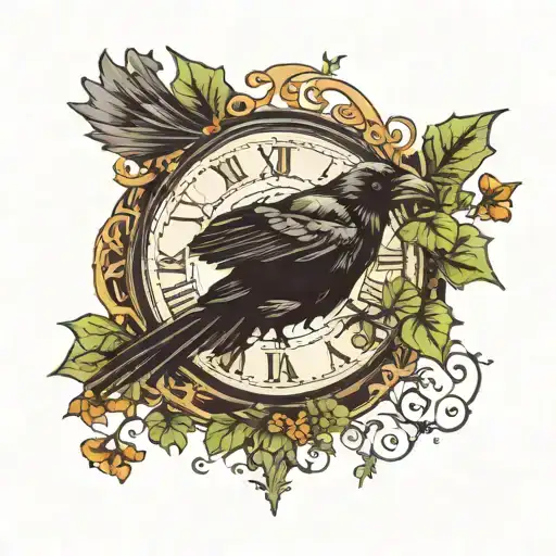 Crow Carrying A Clock Covered With Ivy