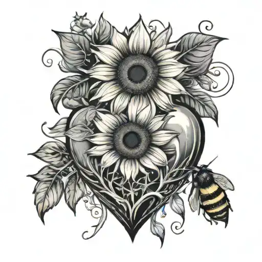 Realistic Heart With Sunflower And Bee