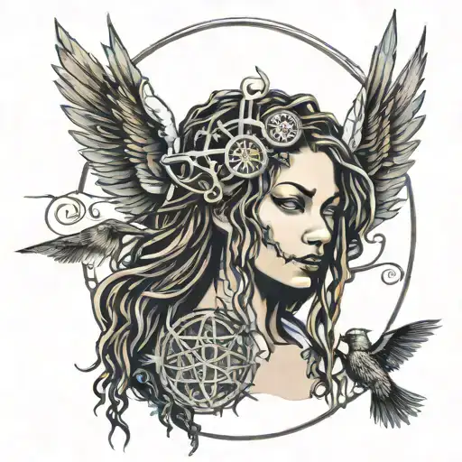 Dreadlock Woman Angel And Alchemist Symbols With Tree Of Life