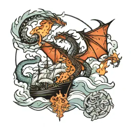 Three Dragons Flying Over A Ship With A Kingdom On Fire In The Background