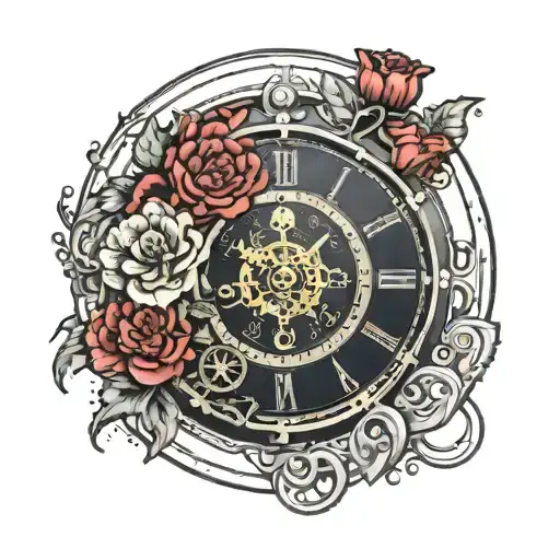 New Moon Phase Steampunk Clock Surrounded By Red Carnations