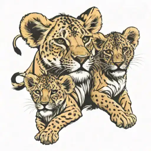 Lion Cubs 3 And 1 Male Lion With 1 Female Lion Roaring