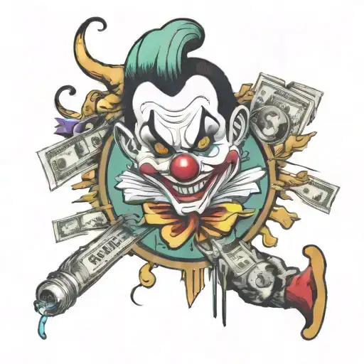 Sleeve Tattoo For Hand With Rolls Of Money The Word Hustle In Bold A And Evil Clowns