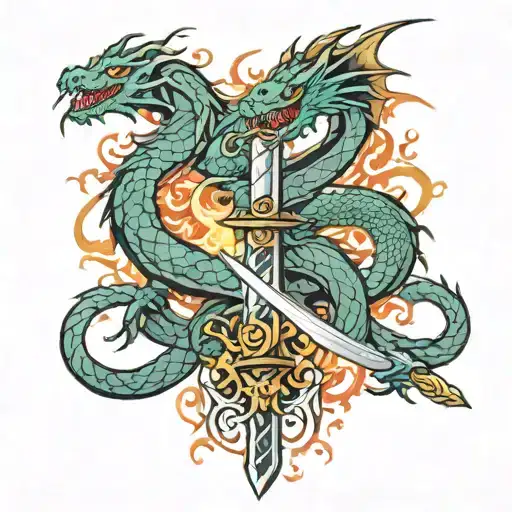 Dragons Wrapped Around A Sword Horizontally With Flames