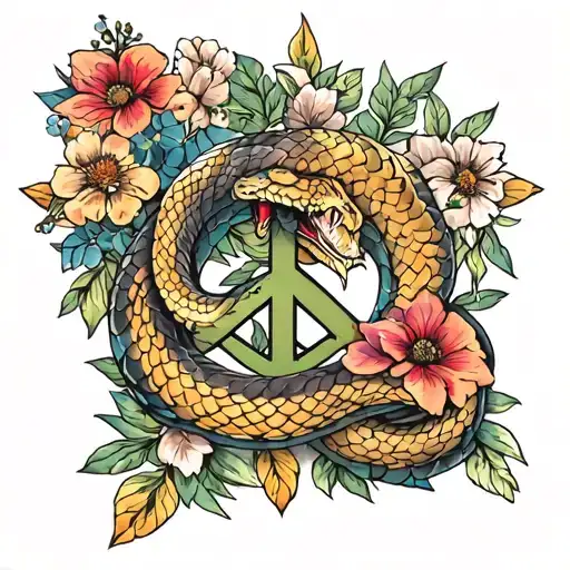 Snake Over Peace Symbol Combined With Flowers