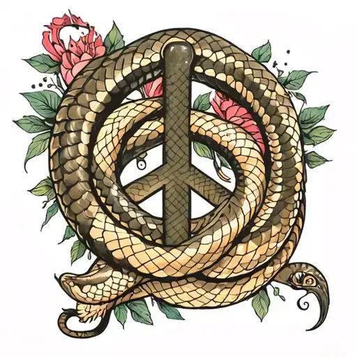 Snake Over Peace Symbol Combined In Drawing Style