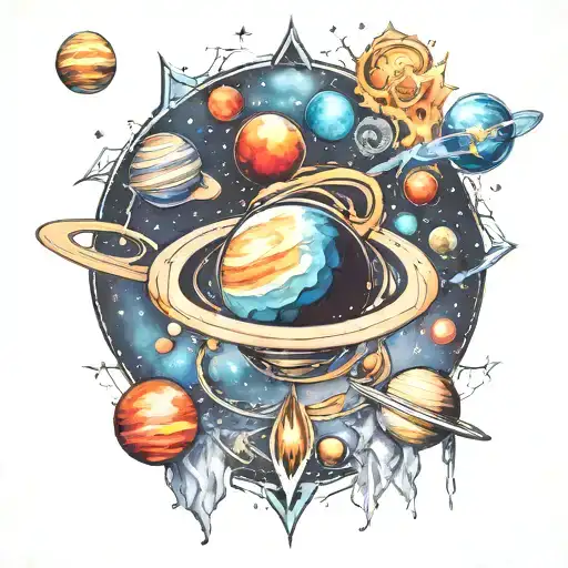 Watercolour Space Surrounded By Planets