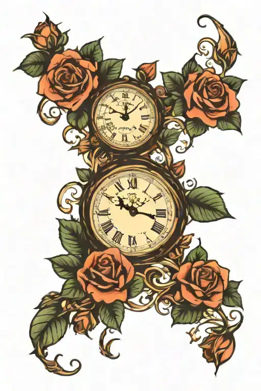 3 Clocks In A Line With Vines And Roses Growing