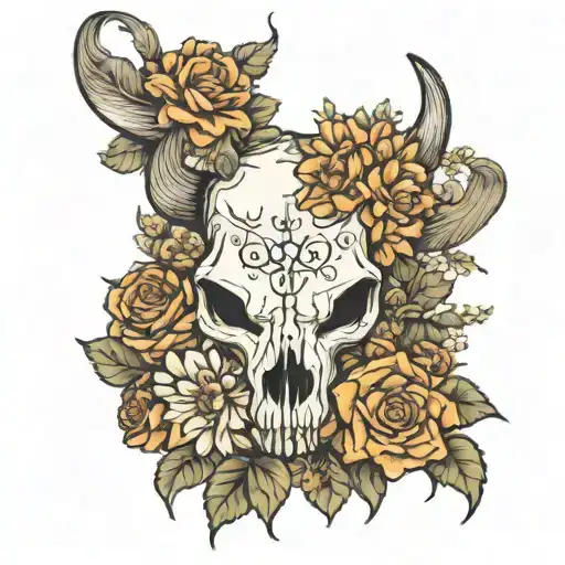 Bull Skull Daisies Baby's Breath Roses Intertwined