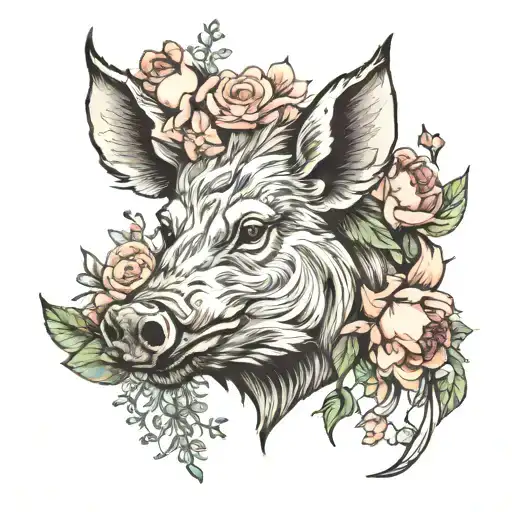 Wild Boar Head And Flowers
